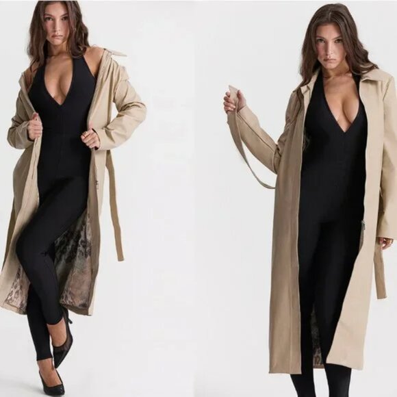 NEW HOUSE OF CB 'Ariel' Beige Vegan Leather Trench Coat size L+ #1572